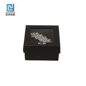 black flat jewellery presentation box with window lid