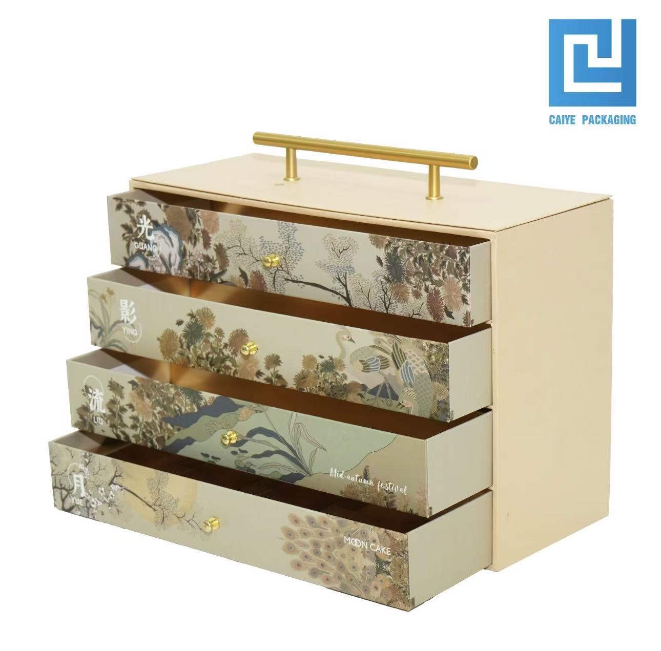 09c5ff6e346baf1445038eba030e530e Custom multi-tier sliding drawer moon cake gift box with gold handle — 12-piece Mid-Autumn Festival luxury packaging | Caiye Packaging China